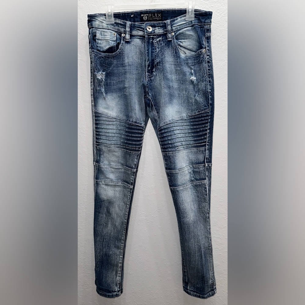 Men’s South Pole Faded Distressed Bleached Pin-tuck Skinny Blue Jeans Size 32x32